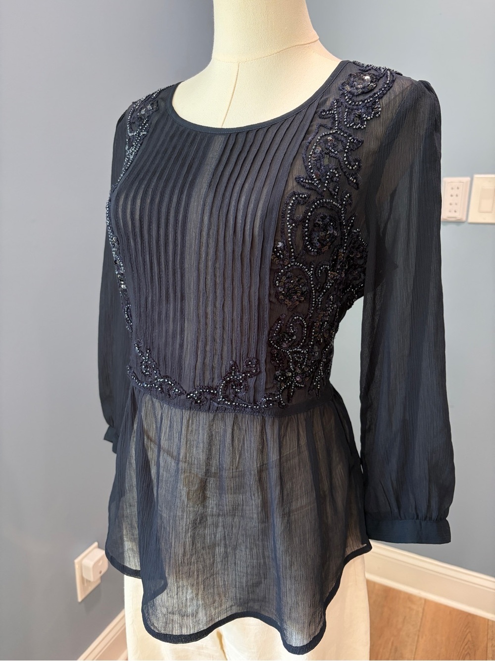 Maeve Navy Beaded Chiffon Peplum Blouse Sheer Long Sleeve Small Anthropologie - Picture 2 of 8